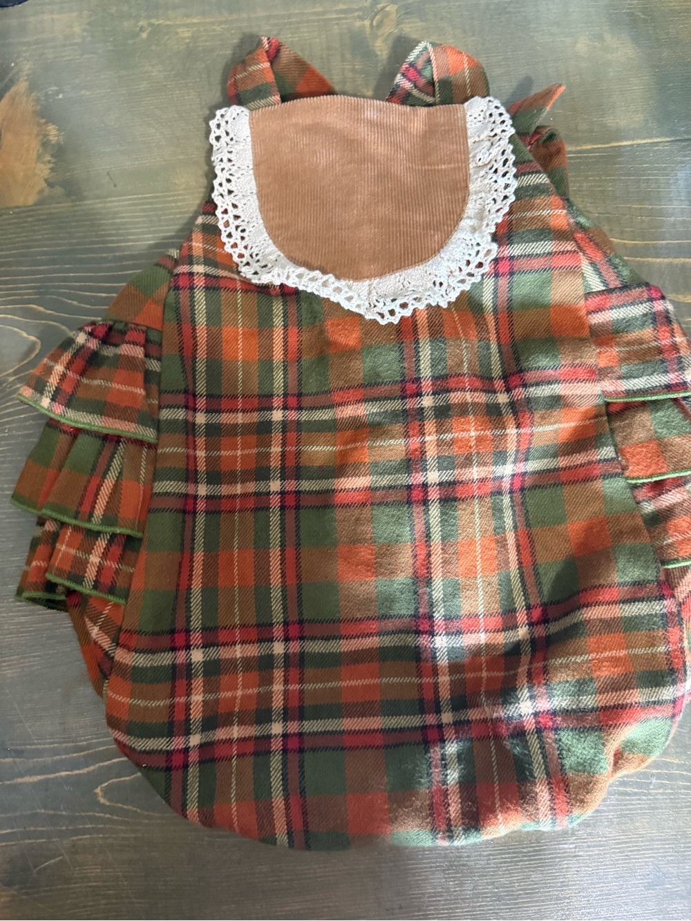 Ricrac and Ruffles Plaid Ruffle Bib One-Piece in Green & Orange size 24 M